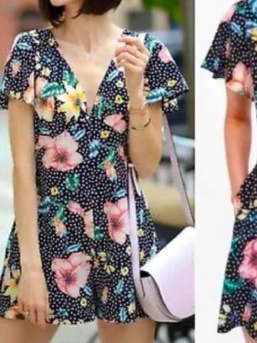 Zara Floral Polka-Dot V-Neck Romper size m